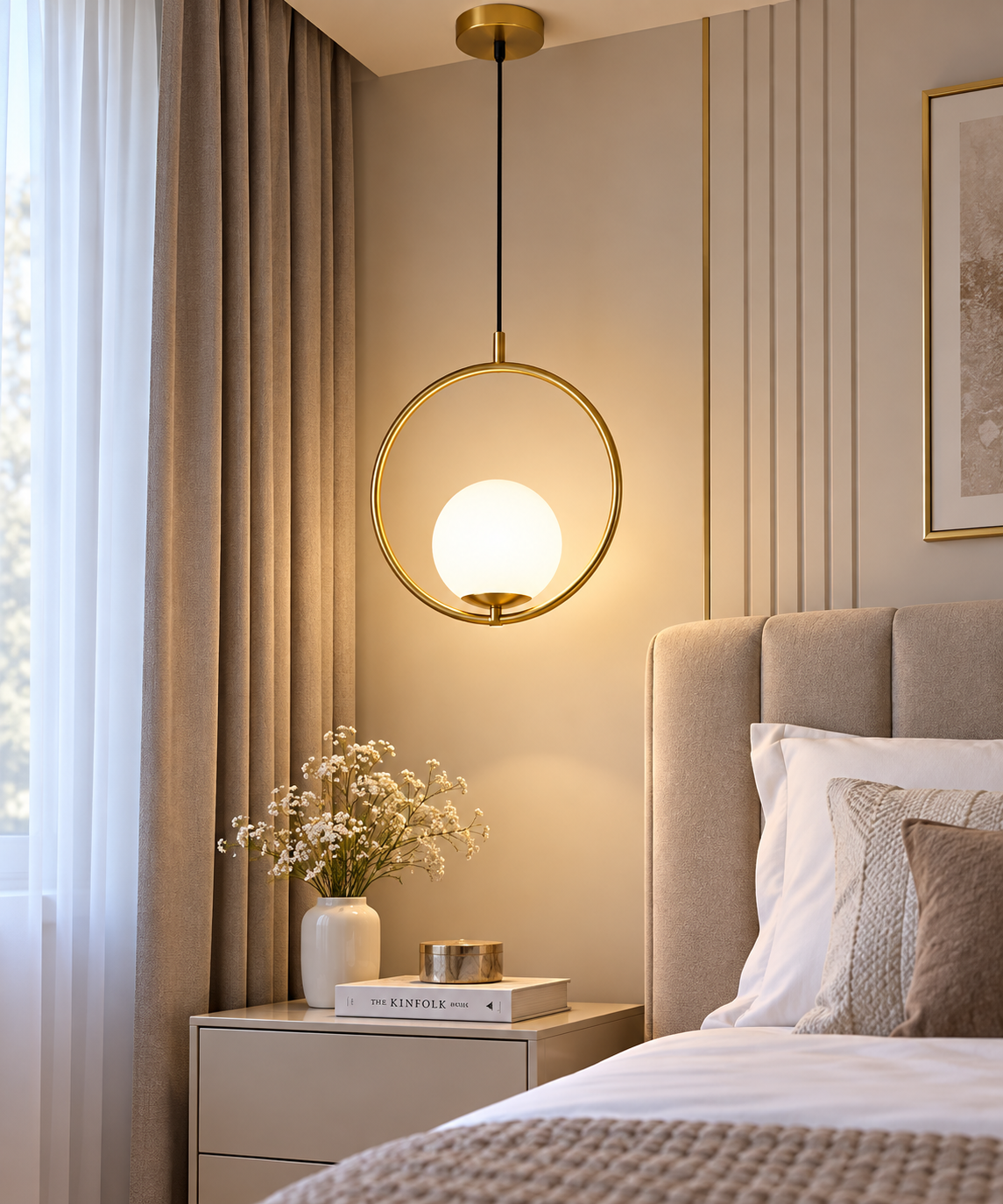 Pendul Modern Golden Orbit – Glob Alb și Cerc Auriu