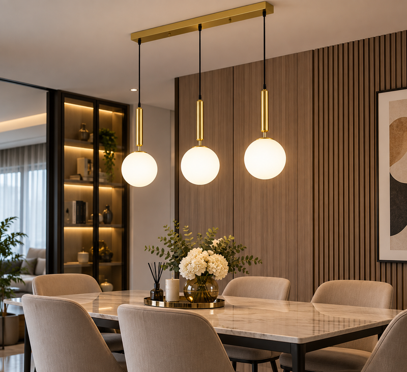 Pendul Modern Golden Trio – 3 Globuri Albe, Auriu
